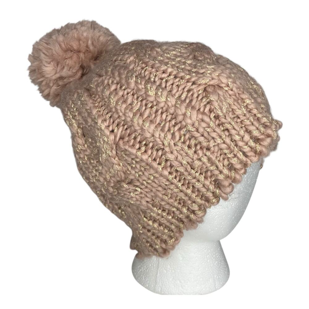 LC Lauren Conrad Beanie Hat Pink Gold Metallic Cable Knit Womens OS Fisherman